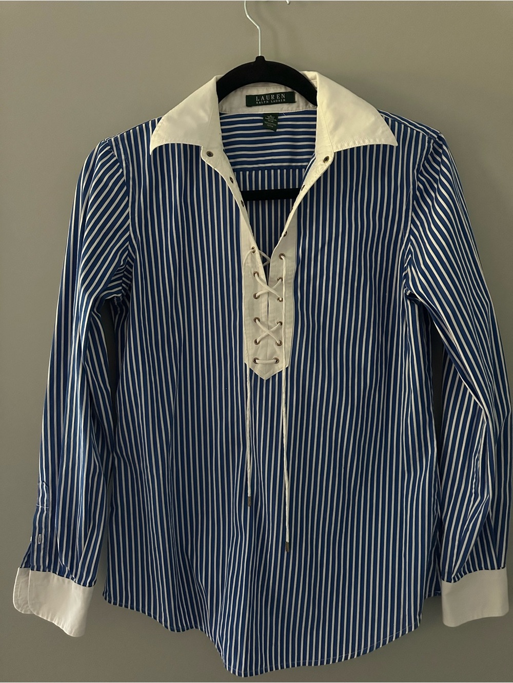 Lauren Ralph Lauren Blue Stripe Lace-Up Cotton Shirt